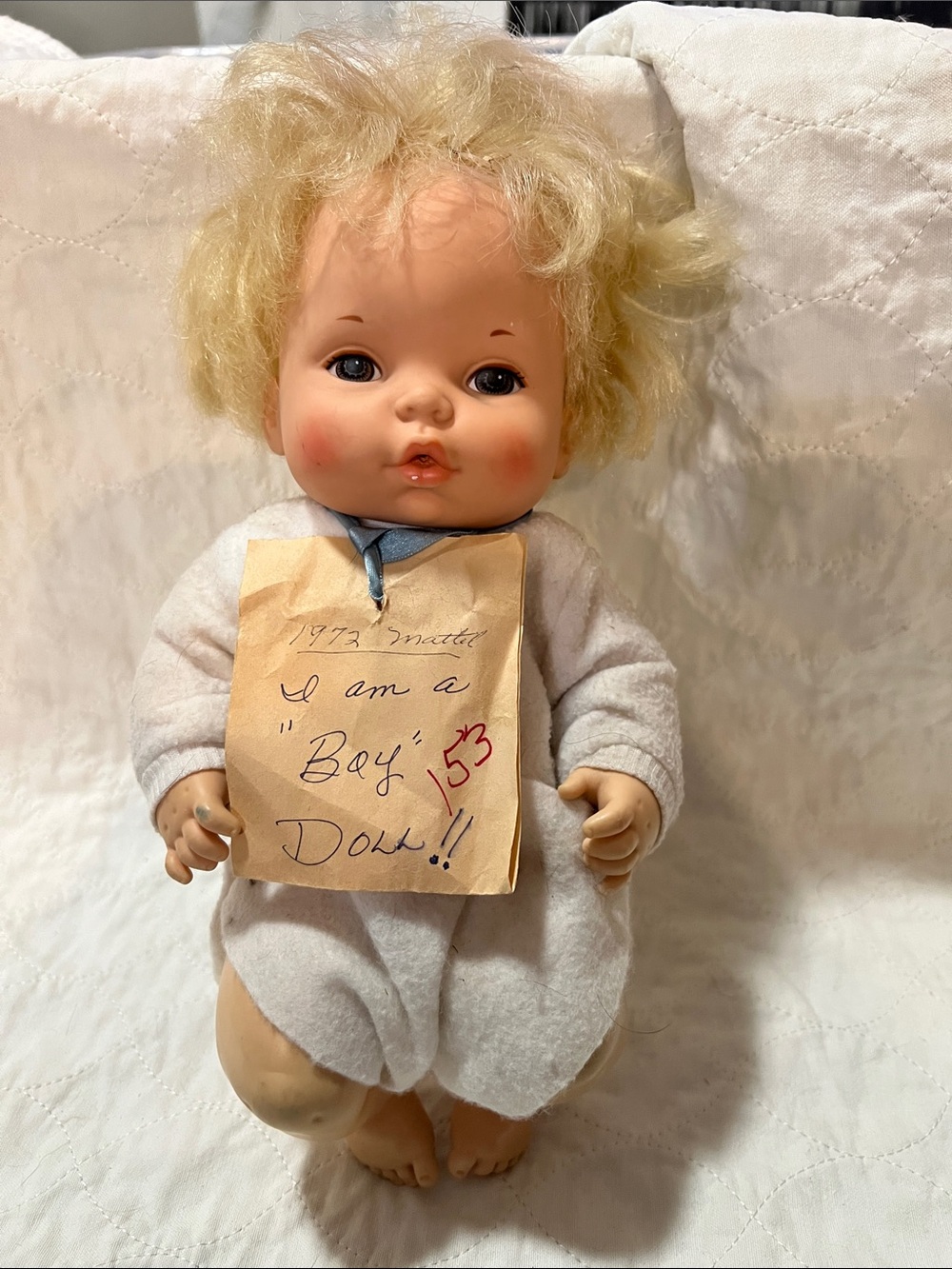 Vintage Baby Boy Doll in White Sleepsuit - Blonde Hair
